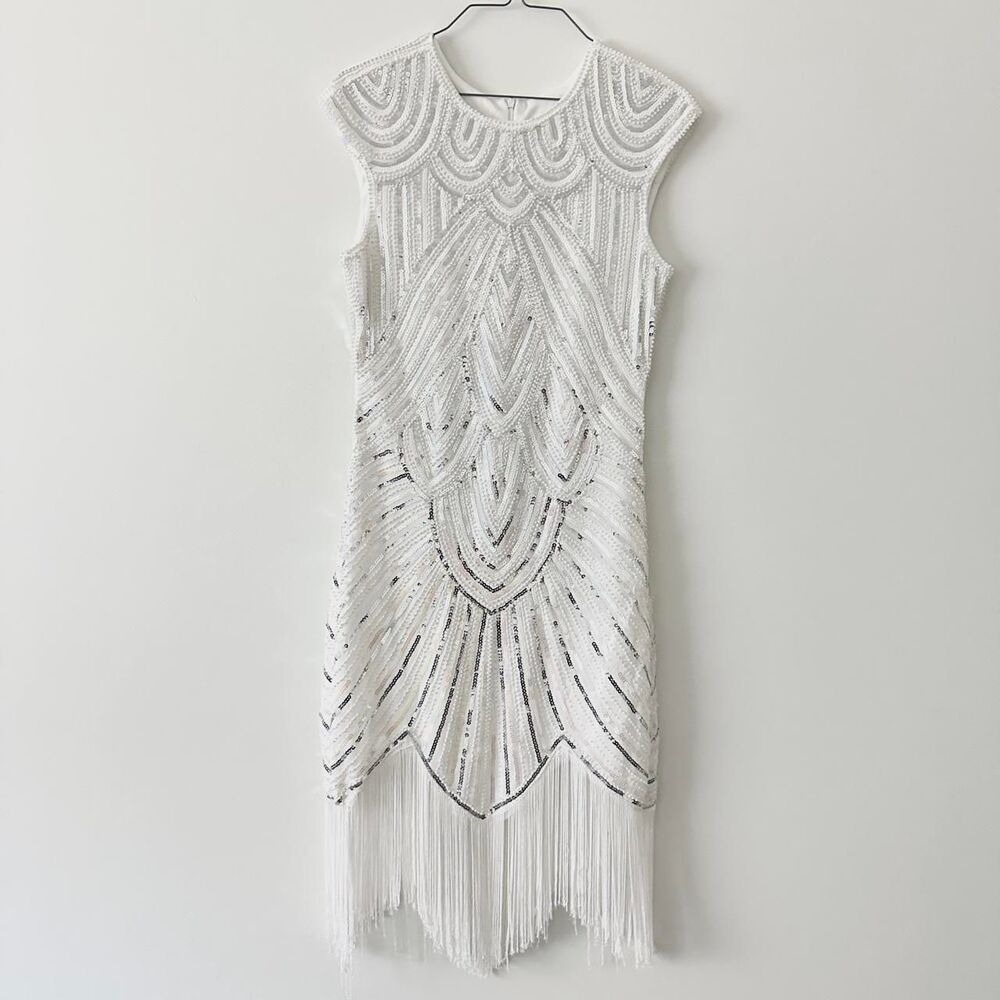 Art Deco Style White Sequin Beaded Flapper Fringe Dress Small